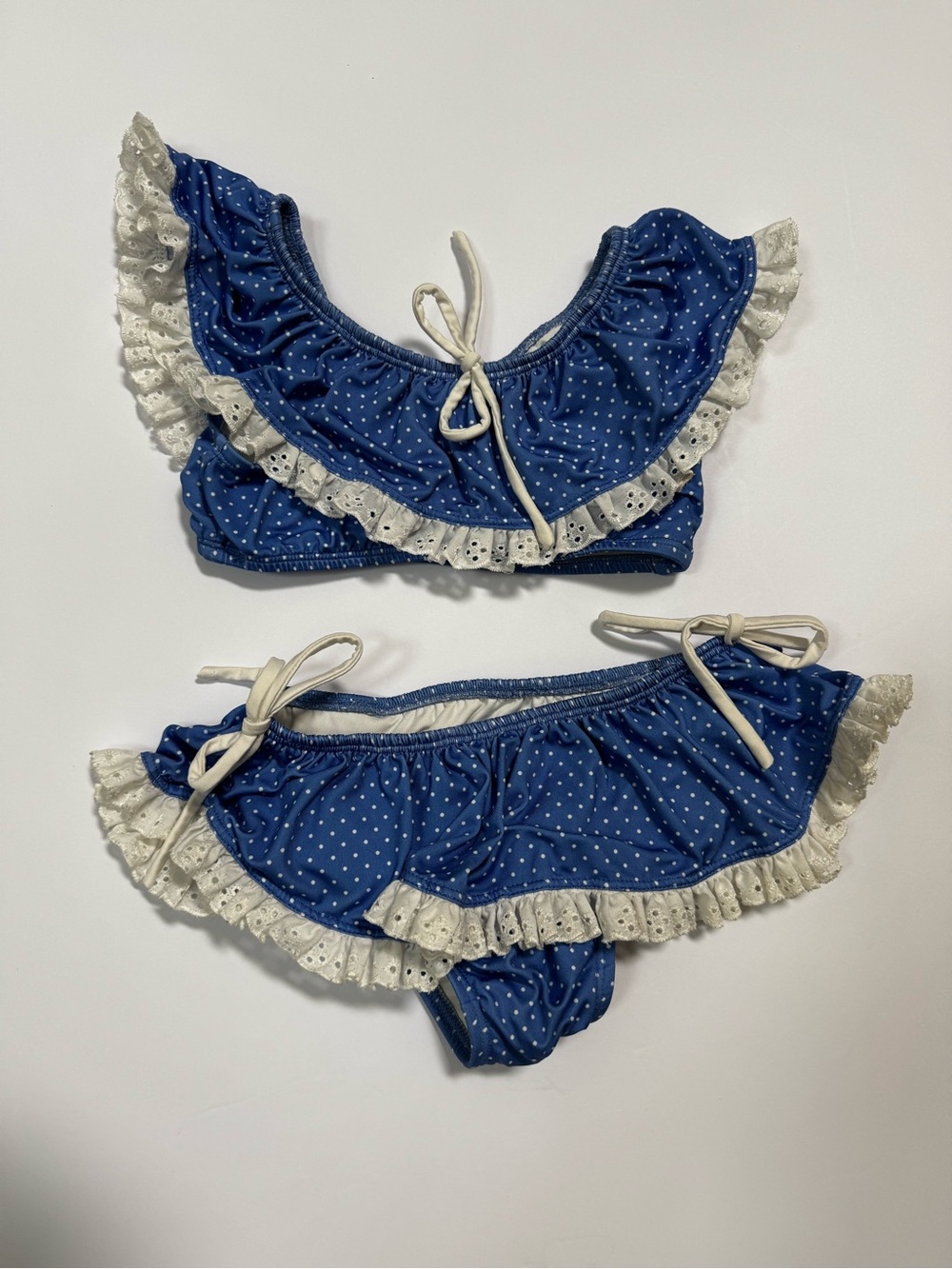 Wildling 4T Polka Dot Bikini Set Blue & White Eyelet Ruffle & Tie 2 pcs WDW Girl - Picture 1 of 11